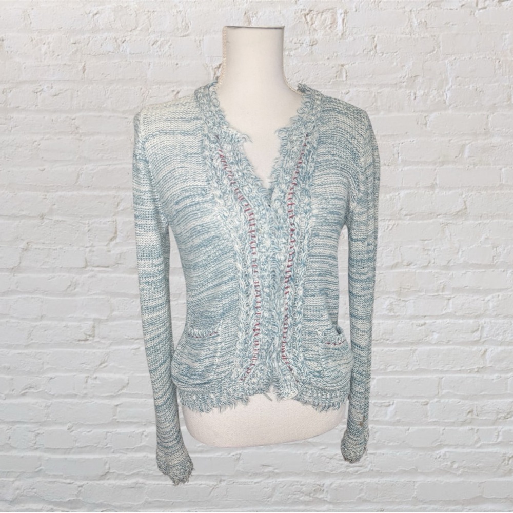 Hem & Thread Blue Knit Cardigan with Ruffled Neckline